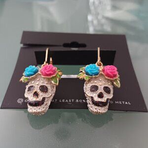 VERA WANG Halloween Day of The Dead Skull Multicolor Enamel & Glitter Earrings
